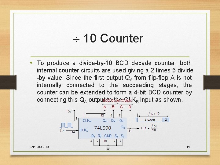  10 Counter • To produce a divide-by-10 BCD decade counter, both internal counter
