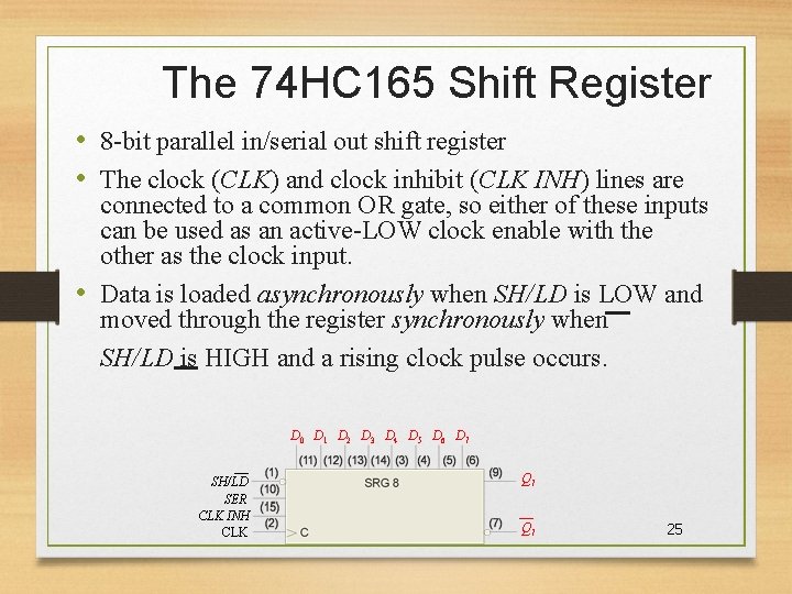 The 74 HC 165 Shift Register • 8 -bit parallel in/serial out shift register