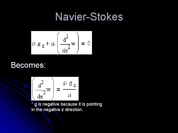 Navier-Stokes Becomes: * g is negative because it is pointing in the negative z
