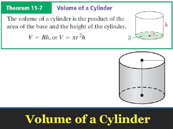 • The volume V of a cylinder is V = Bh = πr