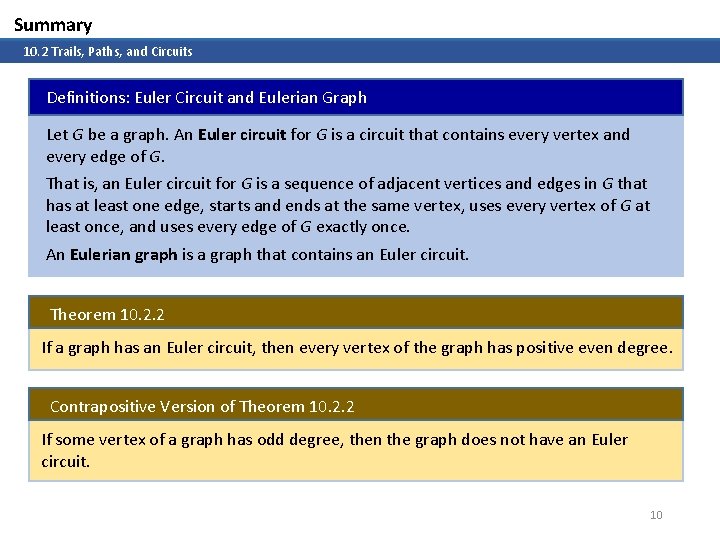 Summary 10. 2 Trails, Paths, and Circuits Definitions: Euler Circuit and Eulerian Graph Let