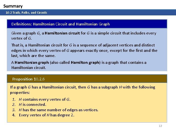 Summary 10. 2 Trails, Paths, and Circuits Definitions: Hamiltonian Circuit and Hamiltonian Graph Given