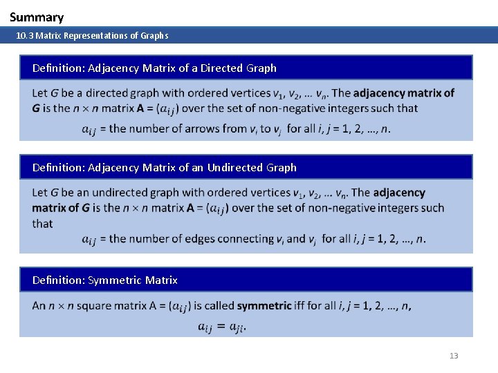 Summary 10. 3 Matrix Representations of Graphs Definition: Adjacency Matrix of a Directed Graph