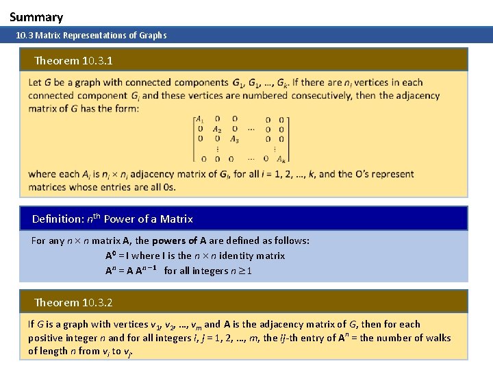 Summary 10. 3 Matrix Representations of Graphs Theorem 10. 3. 1 Definition: nth Power