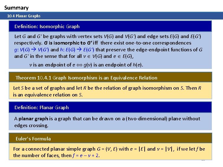 Summary 10. 4 Planar Graphs Definition: Isomorphic Graph Let G and G' be graphs