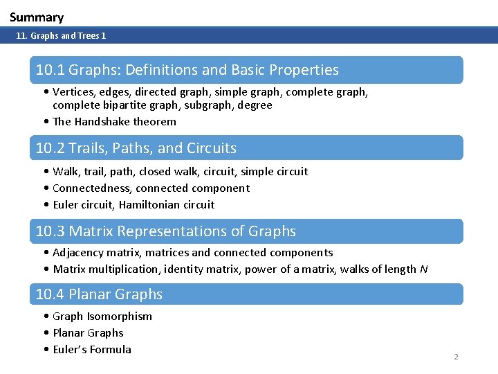 Summary 11. Graphs and Trees 1 10. 1 Graphs: Definitions and Basic Properties •