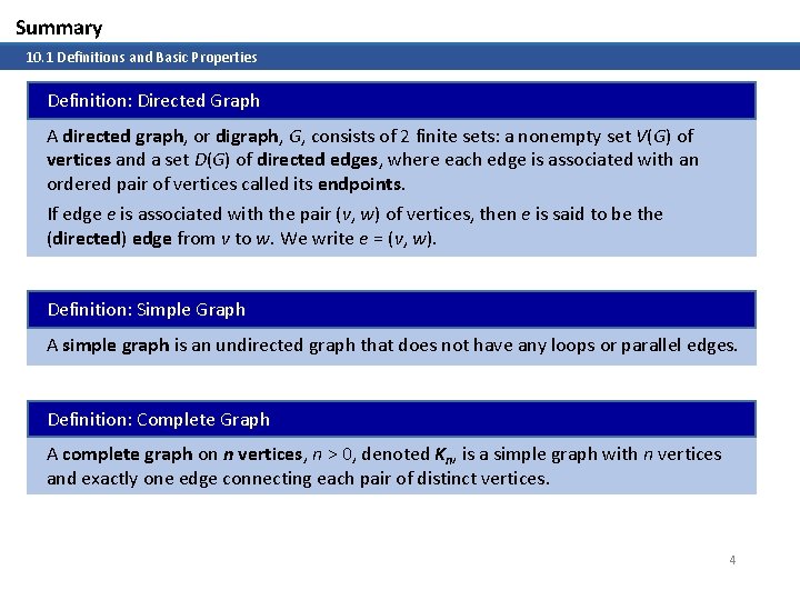 Summary 10. 1 Definitions and Basic Properties Definition: Directed Graph A directed graph, or