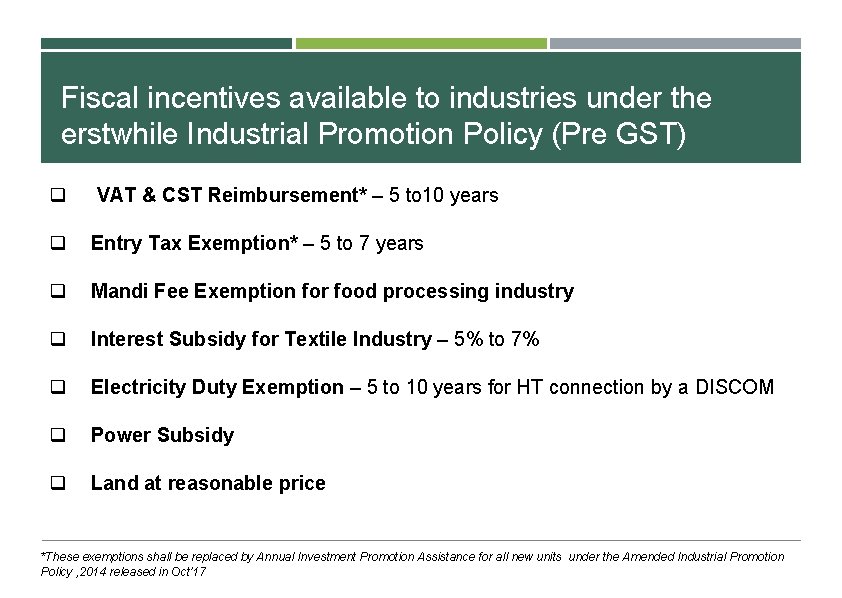Fiscal incentives available to industries under the erstwhile Industrial Promotion Policy (Pre GST) q