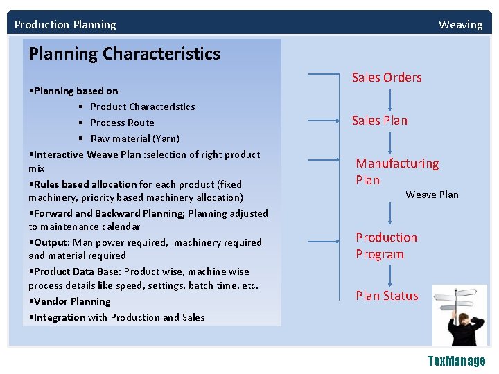 Production Planning Weaving Planning Characteristics • Planning based on § Product Characteristics § Process