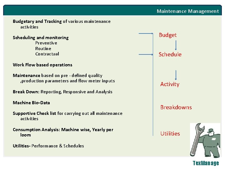 Maintenance Management Budgetary and Tracking of various maintenance activities Scheduling and monitoring Preventive Routine