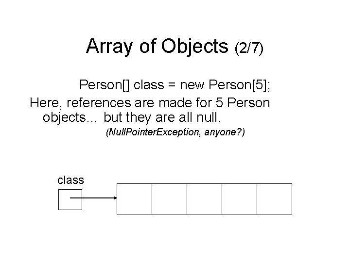 Array of Objects (2/7) Person[] class = new Person[5]; Here, references are made for