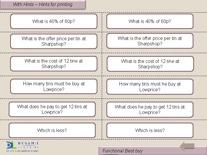 With Hints – Hints for printing What is 40% of 60 p? What is