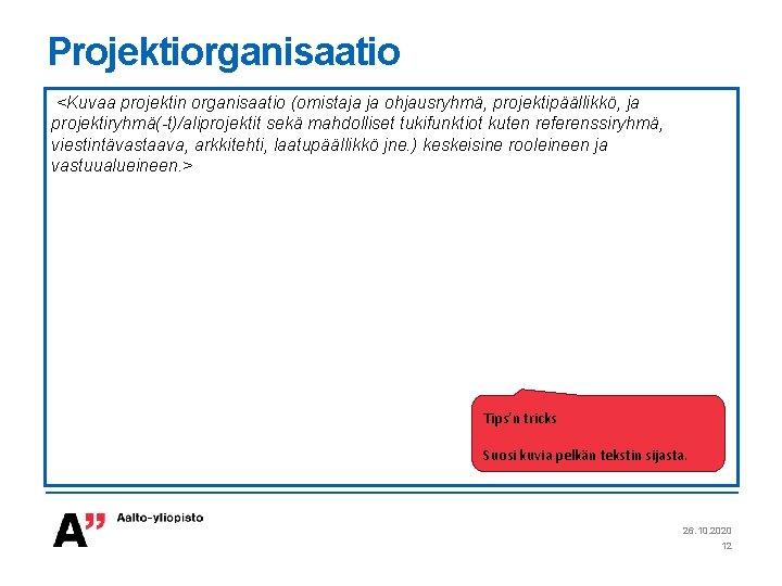 Projektiorganisaatio <Kuvaa projektin organisaatio (omistaja ja ohjausryhmä, projektipäällikkö, ja projektiryhmä(-t)/aliprojektit sekä mahdolliset tukifunktiot kuten