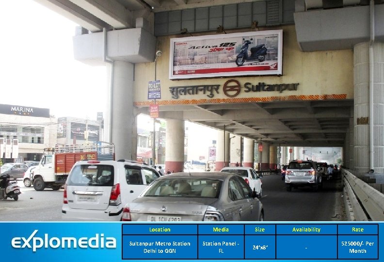 Location Media Size Availability Rate Sultanpur Metro Station Delhi to GGN Station Panel -
