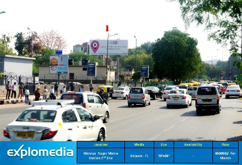 Location Media Size Availability Rate Malviya Nagar Metro Station 2 nd Site Unipole -