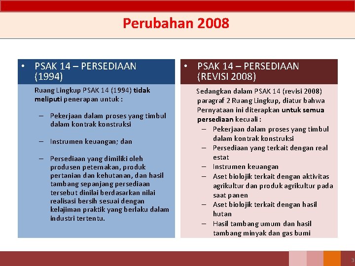 Perubahan 2008 • PSAK 14 – PERSEDIAAN (1994) Ruang Lingkup PSAK 14 (1994) tidak