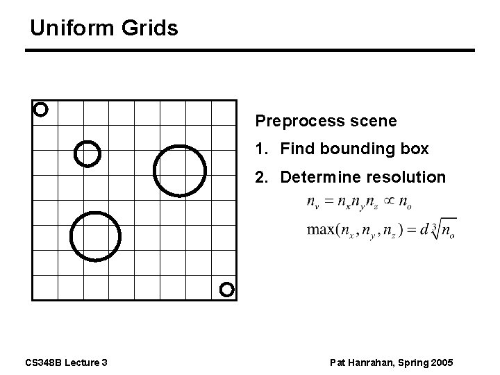 Uniform Grids Preprocess scene 1. Find bounding box 2. Determine resolution CS 348 B