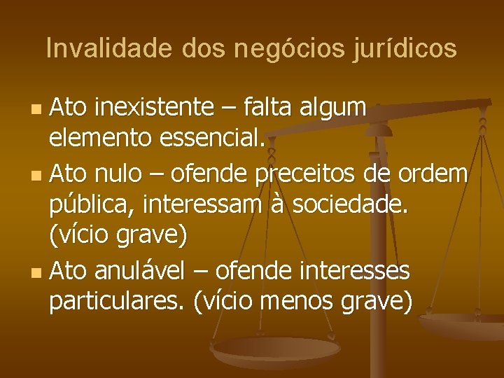 Invalidade dos negócios jurídicos Ato inexistente – falta algum elemento essencial. n Ato nulo