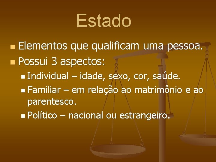 Estado Elementos que qualificam uma pessoa. n Possui 3 aspectos: n n Individual –