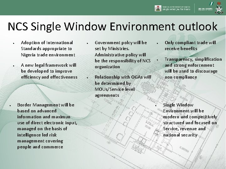 NCS Single Window Environment outlook ● ● ● Adoption of International Standards appropriate to