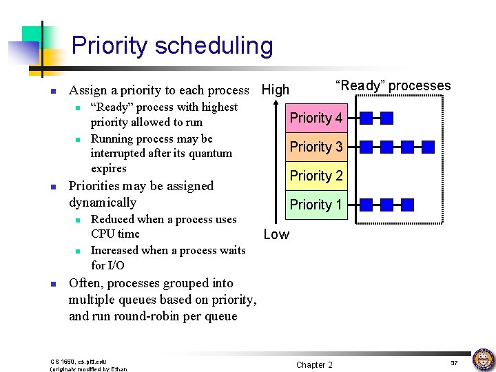 Priority scheduling n n “Ready” process with highest priority allowed to run Running process