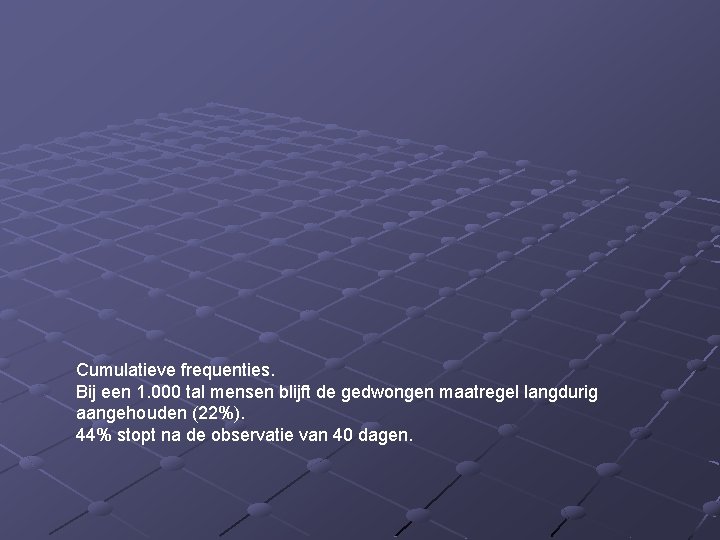 Cumulatieve frequenties. Bij een 1. 000 tal mensen blijft de gedwongen maatregel langdurig aangehouden