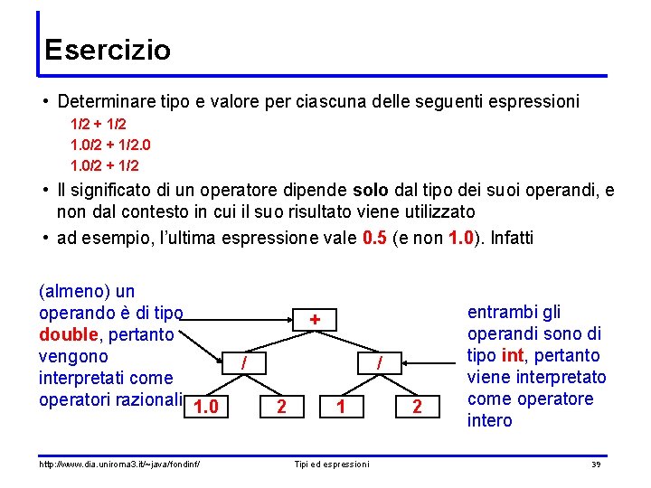Esercizio • Determinare tipo e valore per ciascuna delle seguenti espressioni 1/2 + 1/2 Esercizio • Determinare tipo e valore per ciascuna delle seguenti espressioni 1/2 + 1/2