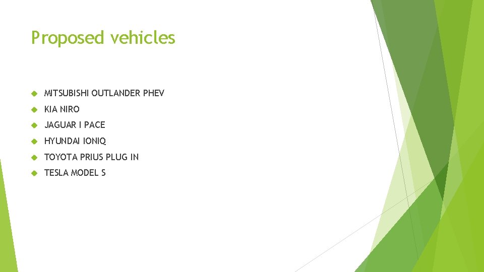Proposed vehicles MITSUBISHI OUTLANDER PHEV KIA NIRO JAGUAR I PACE HYUNDAI IONIQ TOYOTA PRIUS