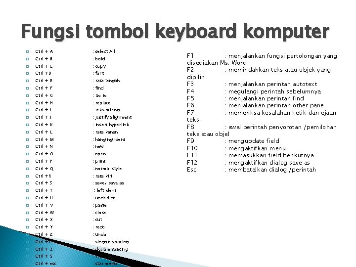 Fungsi tombol keyboard komputer � Ctrl + A : select All � Ctrl +