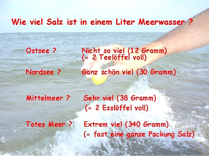 Wie viel Salz ist in einem Liter Meerwasser ? Ostsee ? Nicht so viel