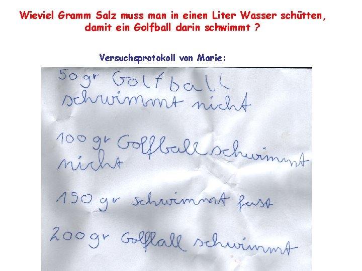 Wieviel Gramm Salz muss man in einen Liter Wasser schütten, damit ein Golfball darin