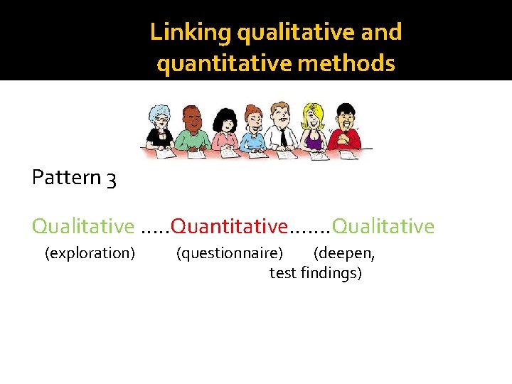 Linking qualitative and quantitative methods Pattern 3 Qualitative …. . Quantitative……. Qualitative (exploration) (questionnaire) Linking qualitative and quantitative methods Pattern 3 Qualitative …. . Quantitative……. Qualitative (exploration) (questionnaire)