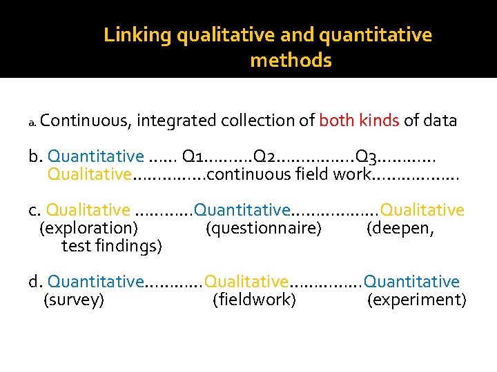 Linking qualitative and quantitative methods a. Continuous, integrated collection of both kinds of data Linking qualitative and quantitative methods a. Continuous, integrated collection of both kinds of data