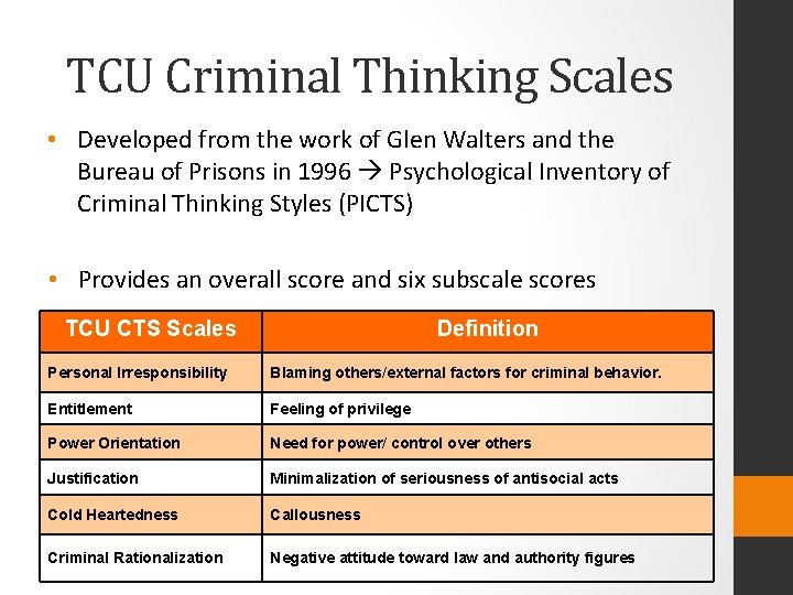 TCU Criminal Thinking Scales • Developed from the work of Glen Walters and the