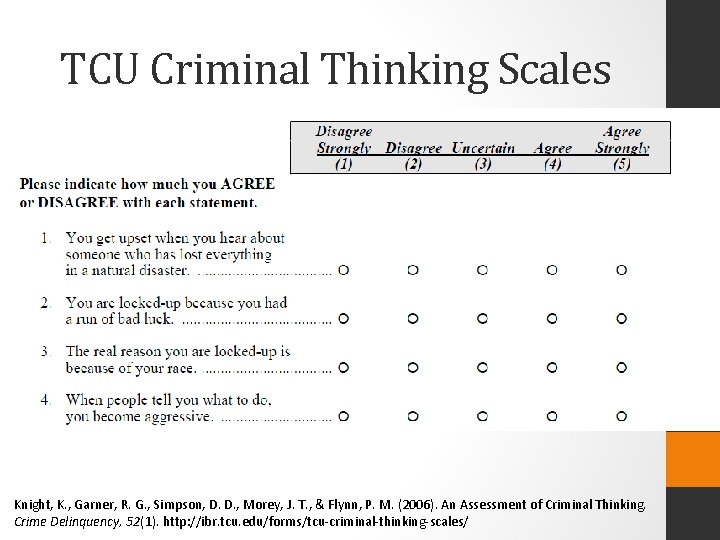 TCU Criminal Thinking Scales Knight, K. , Garner, R. G. , Simpson, D. D.
