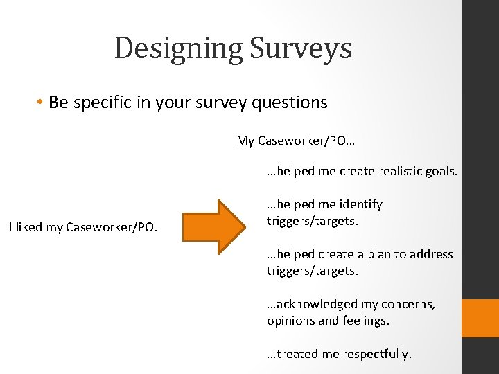 Designing Surveys • Be specific in your survey questions My Caseworker/PO… …helped me create