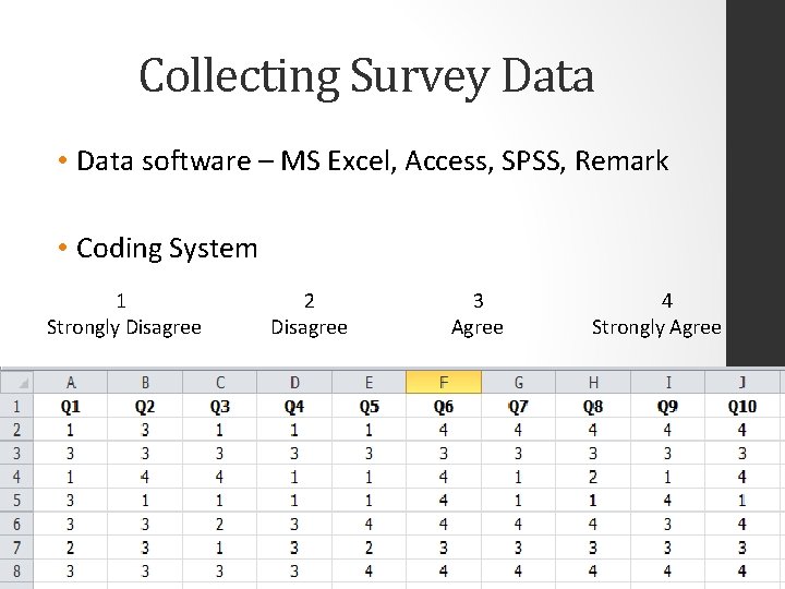 Collecting Survey Data • Data software – MS Excel, Access, SPSS, Remark • Coding