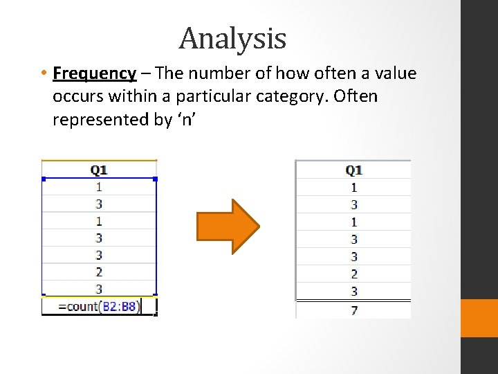 Analysis • Frequency – The number of how often a value occurs within a