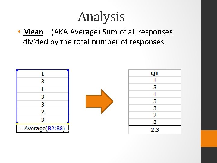 Analysis • Mean – (AKA Average) Sum of all responses divided by the total