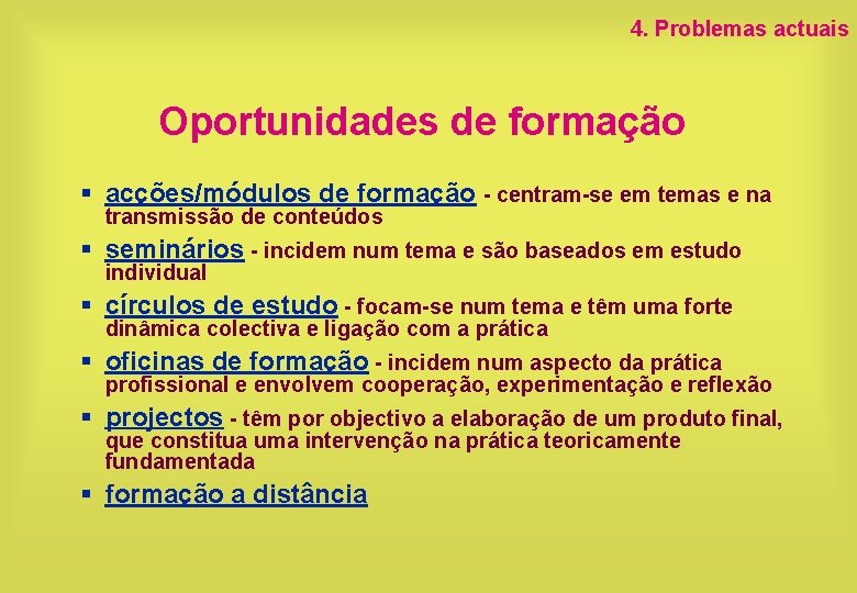 4. Problemas actuais Oportunidades de formação § acções/módulos de formação - centram-se em temas