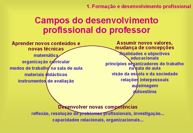 1. Formação e desenvolvimento profissional Campos do desenvolvimento profissional do professor Aprender novos conteúdos