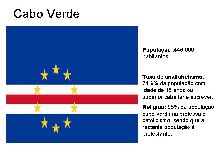 Cabo Verde População : 446. 000 habitantes Taxa de analfabetismo: 71, 6% da população