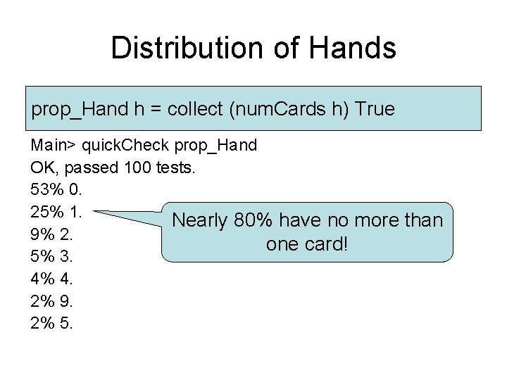 Distribution of Hands prop_Hand h = collect (num. Cards h) True Main> quick. Check Distribution of Hands prop_Hand h = collect (num. Cards h) True Main> quick. Check
