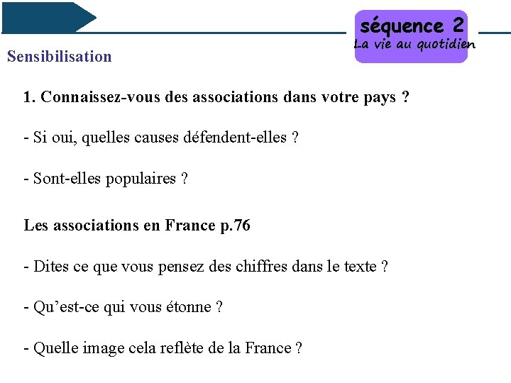 séquence 2 Sensibilisation La vie au quotidien 1. Connaissez-vous des associations dans votre pays