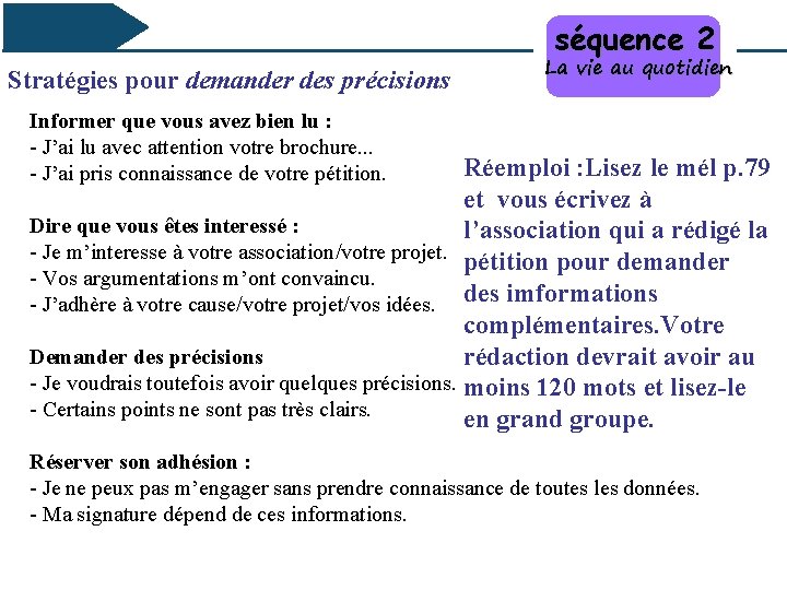 séquence 2 Stratégies pour demander des précisions La vie au quotidien Informer que vous