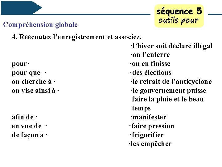 séquence 5 Compréhension globale outils pour 4. Réécoutez l’enregistrement et associez. ·l’hiver soit déclaré