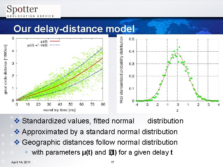 GEOLOCATION SERVICE Our delay-distance model v Standardized values, fitted normal distribution v Approximated by