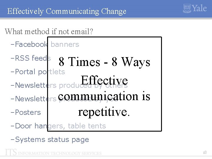 Effectively Communicating Change What method if not email? –Facebook banners –RSS feeds 8 Times