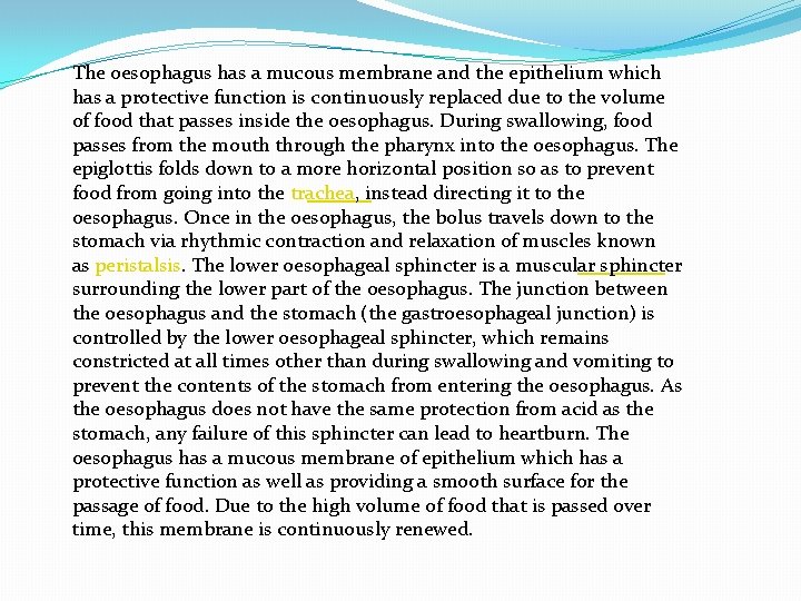 The oesophagus has a mucous membrane and the epithelium which has a protective function