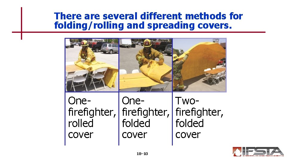 There are several different methods for folding/rolling and spreading covers. Onefirefighter, rolled cover Onefirefighter,